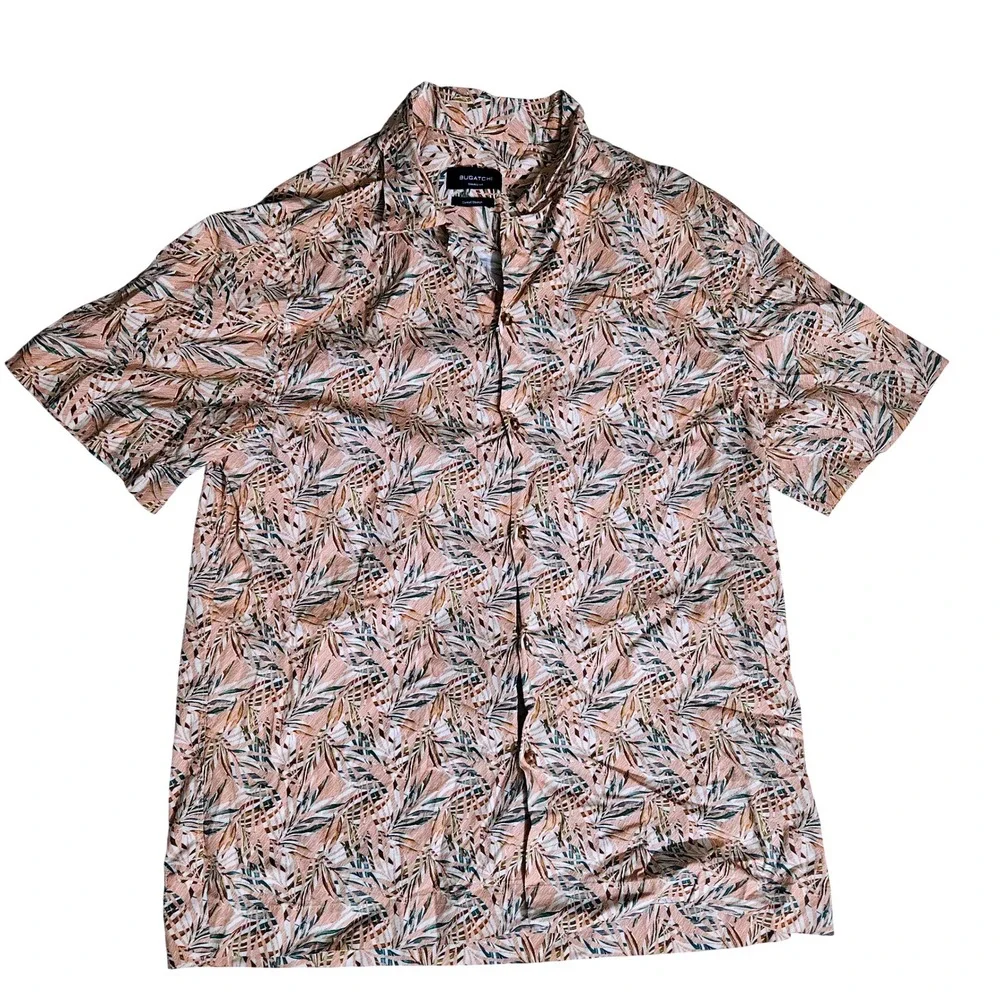 Bugatchi Mens Large Shaped Fit Comfort Stretch Tropical Palm Short Sleeve Shirt